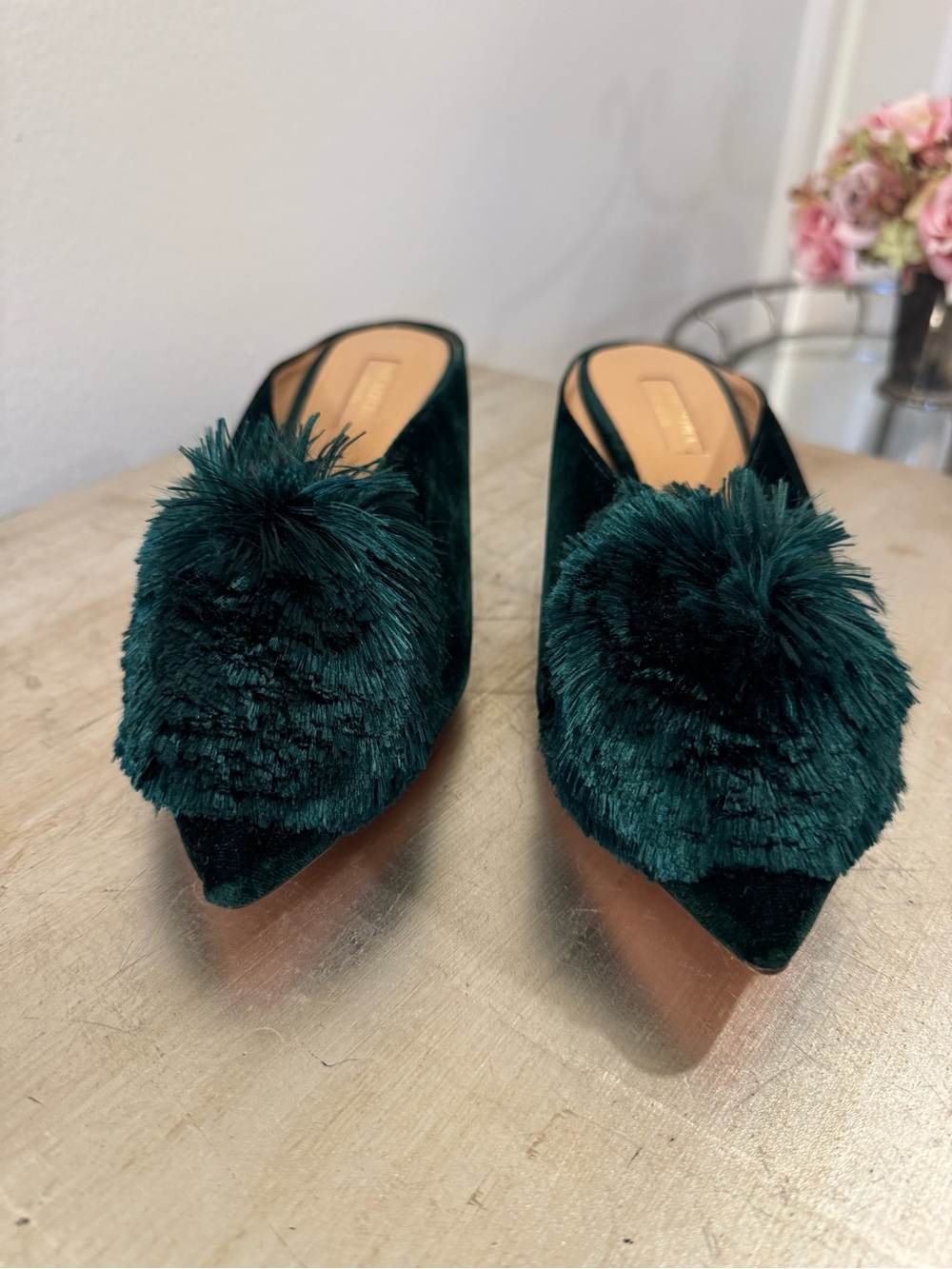 Aquazzura Powder Puff Green Velvet Mules - Picture 5 of 8